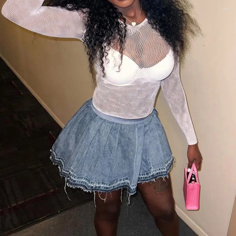ANJAMANOR Blue Denim A Line Pleated Denim Pleated Mini Skirt
