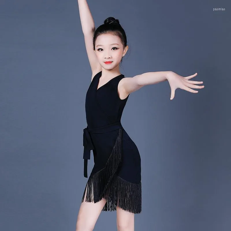 Scen Wear Tassel Latin Dance Dresses For Girls Pure Black Sling Long Thin Slim Team Competition Costume Performance