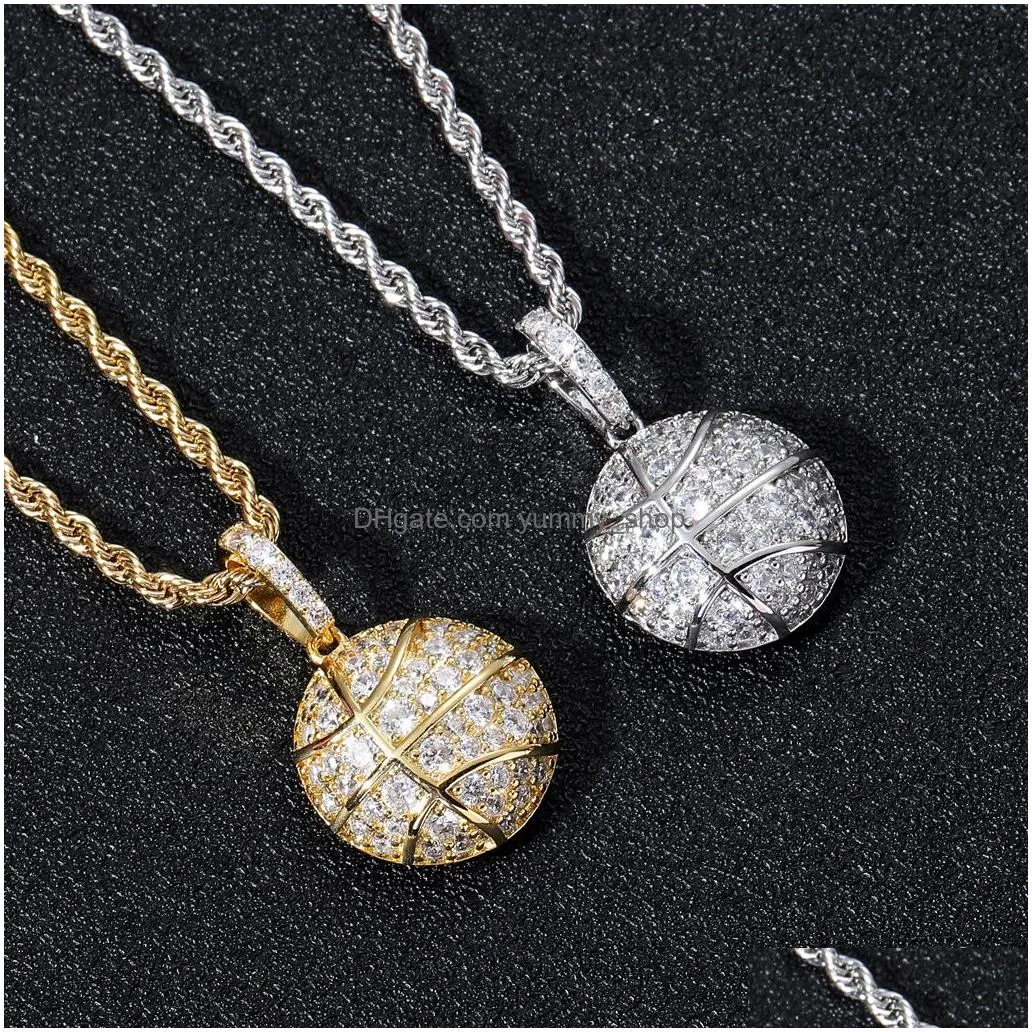 18k gold cubic zirconia basketball necklace 60cm golden chains jewelry set copper diamond hip hop sport football pendant rap necklaces for women men