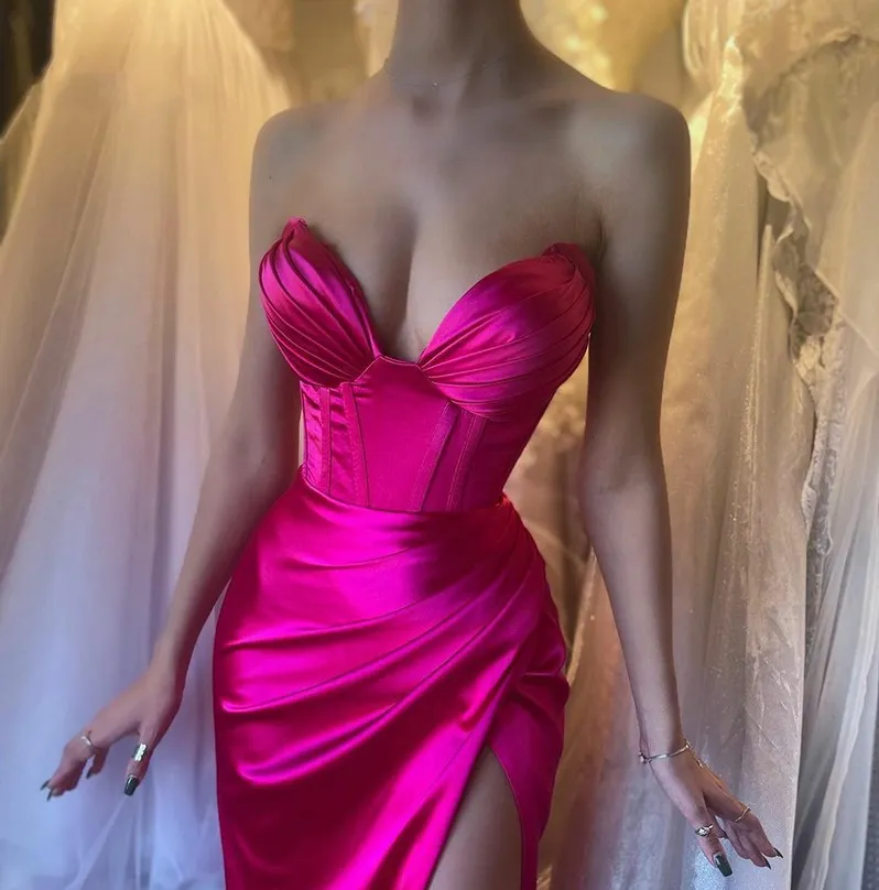 strapless open back dress Honey Couture FINA Magenta Strapless Satin Diamanté Detail Corset Bust main image 1