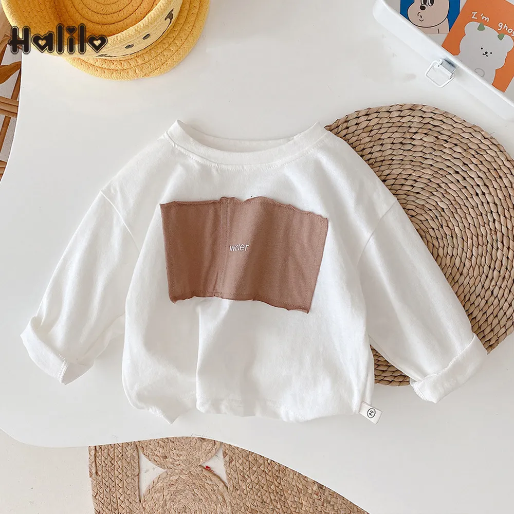 T-shirts Halilo Unisex Boys Girls Boutique Shirt Long Sleeve Cotton White Color School Children Clothing 230605