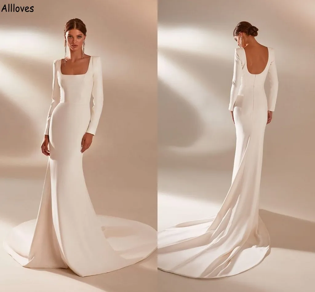 Chic Simple Satin Avorio Mermaid Wedding Dressees Scollo quadrato con maniche lunghe Elegante Boho Garden Abiti da sposa Treno lungo Modern U Low Back Sexy Robes de Mariee CL2379