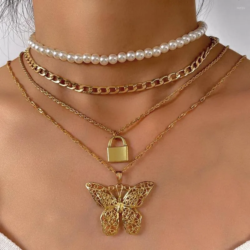 Chains Trendy Multi-layered Golden Butterfly Metal Chain Necklace For Women Chunky Lock Pendant Imitation Pearl Party Jewelry
