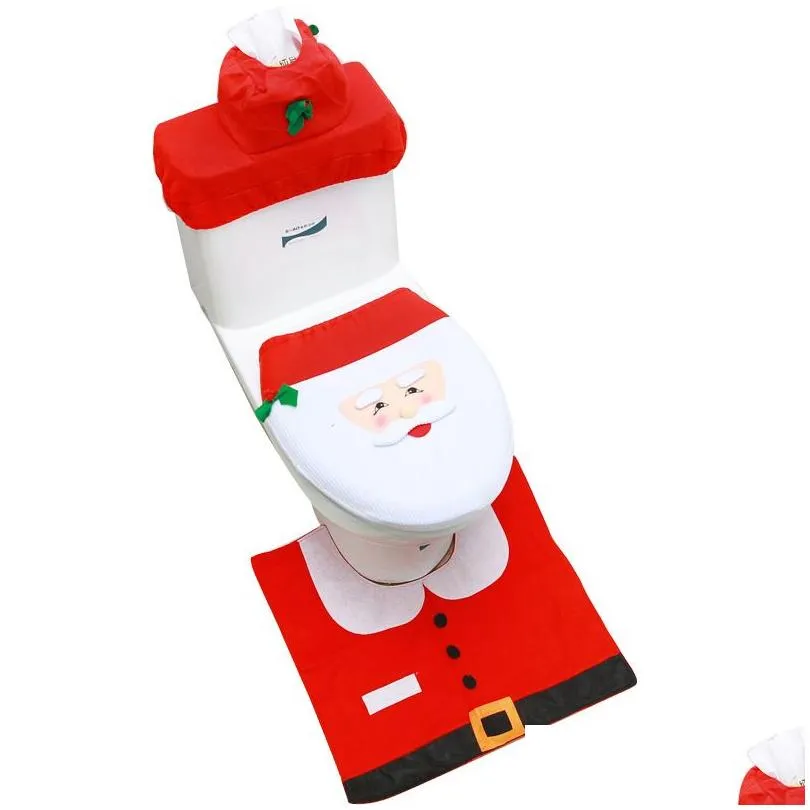 Décorations de Noël 3pcs / ensemble Toilet de toilette Boîte de tissus de couvercle Er Carton Salle de bain Snowman Santa Claus SEAT ERS DÉCOR DE DROP HAUT