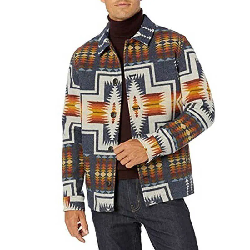 Kleidung Maßgeschneiderte Western-Mäntel in Übergröße für Herren mit geometrischem Muster, einreihig, Turndown-Mäntel im Azteken-Stil, Jacken für Herren UG