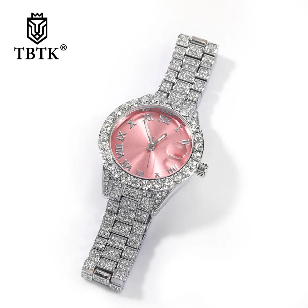 Other Watches TBTK Women Watch Baby Pink Dial Iced Out Quartz Clock Luxury Waterproof Wrist Watch Small Size For Women 230605