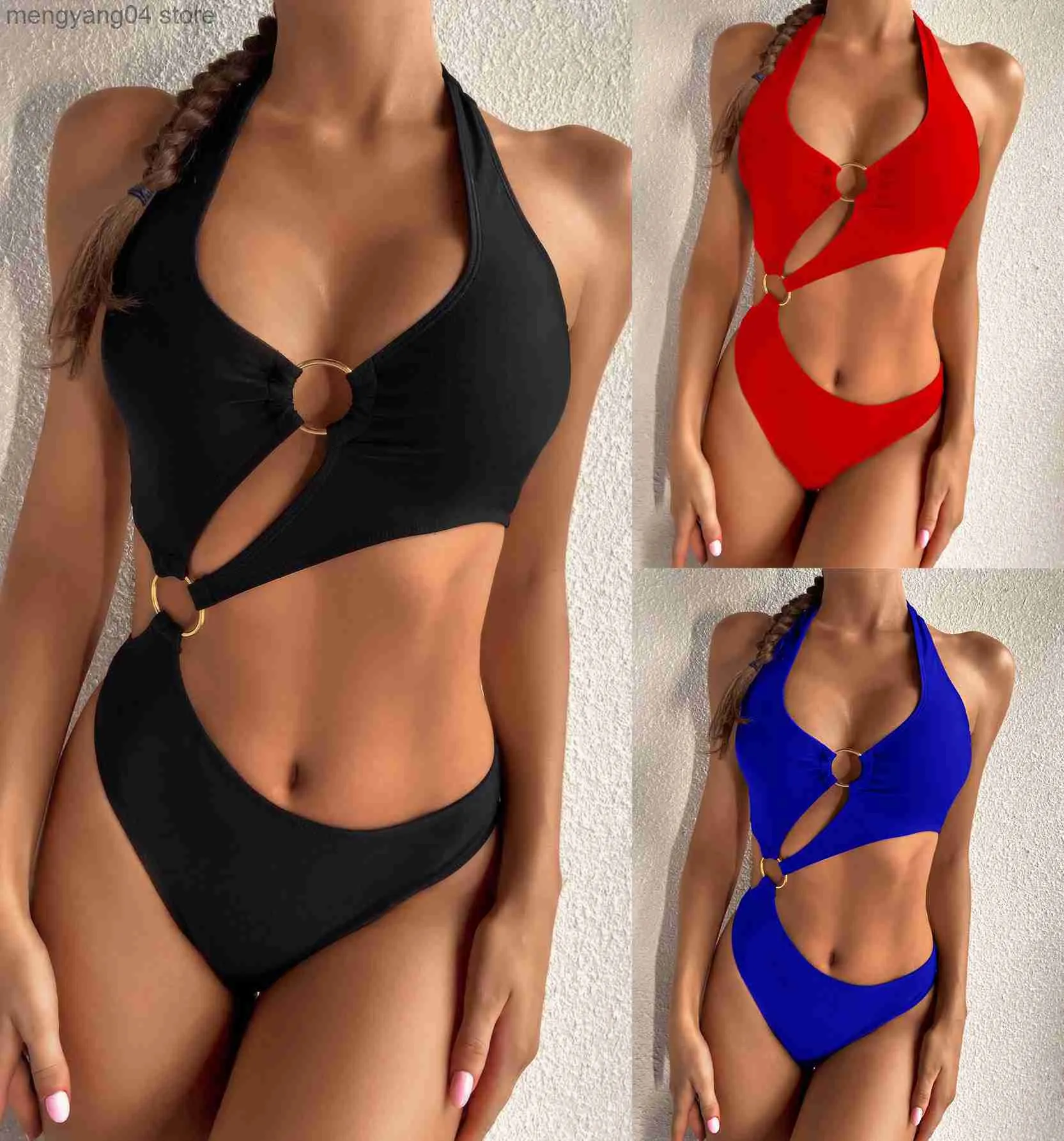 Kvinnors badkläder Nya baddräkt Kvinnor Solid Color Bikini Set fashionabla och vackra i ett stycke Halter Strap String Femme Sexig Beach Swimsuit T230606