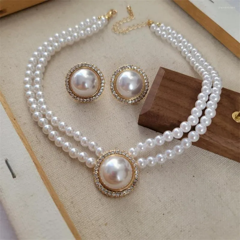 Necklace Earrings Set Bridal Dainty Women Retro Decorative Good-looking Shiny Faux Pearl Ear Studs Ring