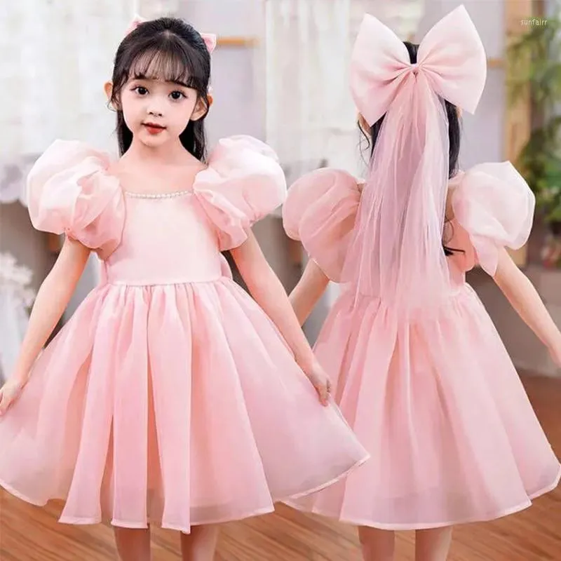 Mädchen Kleider Mädchen Party Kleid Sommer Elegante Prinzessin Senden Schleife Kopfschmuck Kinder Geburtstag Kleidung 3-12 Jahre Pompon