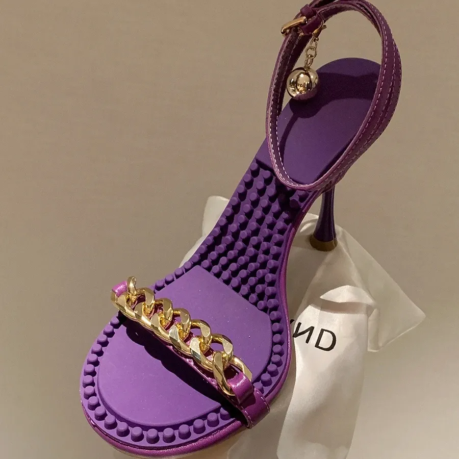 sexy Purple Sandals for womens novelty Gold chain decoration top quality stiletto heel women shoes Designer Genuine Leather high heeled fashion ladies Sandal