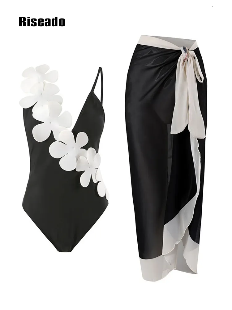Swim Wear Riseado Black Swimsuit with Skirt Women Swimwear 2023 Plunging Swimming Suit for Bathing Flower Decoration 230605