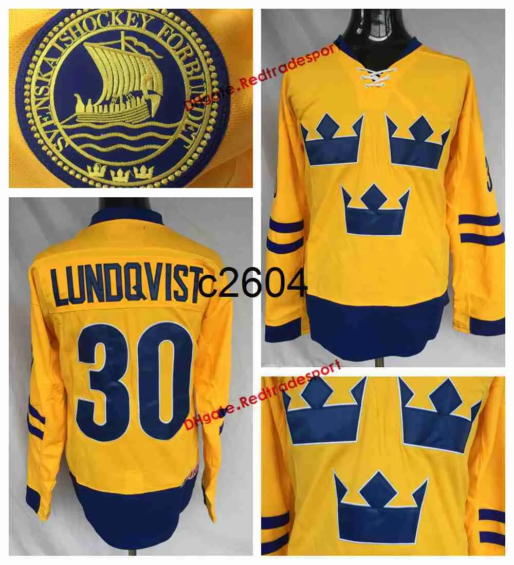 C2604 2014 Team Sverige #30 Henrik Lundqvist Hockey Jerseys Hem Home Yellow Henrik Lundqvist Stitched Hockey Shirts S-XXXL