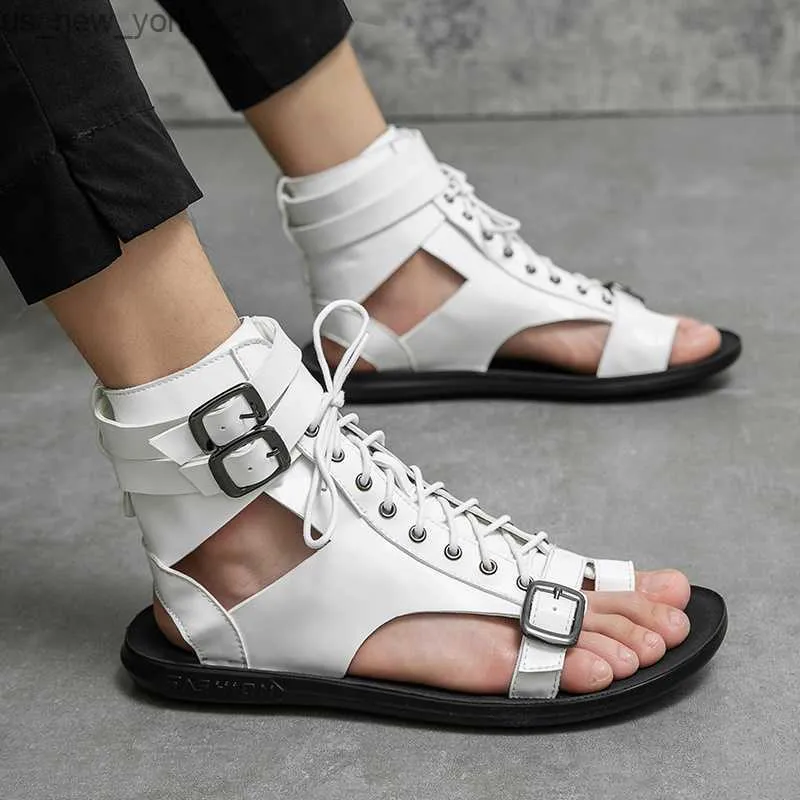 2022 sommer Mode Weiß High-top Sandalen Männer Flache Leder Römischen Sandale Mann Lace-up Casual Designer Schuhe Männer alias hombre L230518