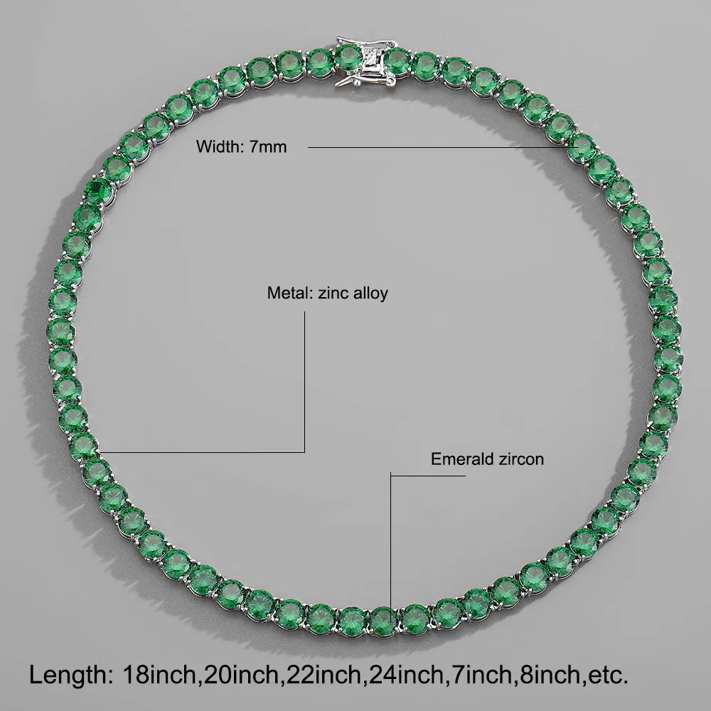 Hiphop 7mm Emerald Cubic Zirconia Necklaces 18-24 inches Men Women Iced Out Chains Silver CZ Jewelry Diamond Tennis Chain Hip Hop Crystal N029