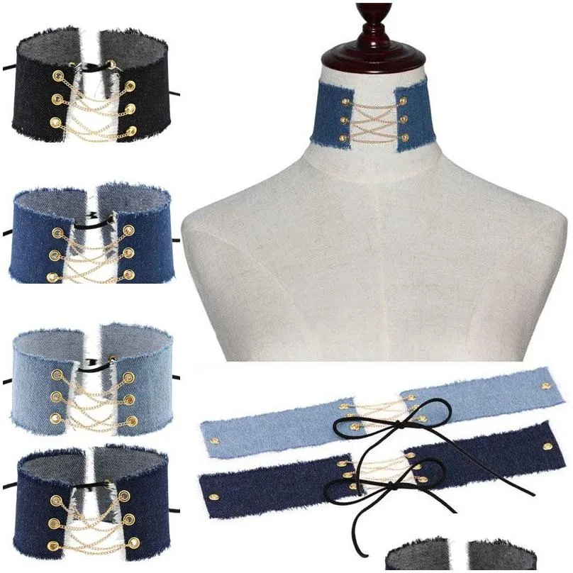 Chokers Blue Jeans Denim Halskette Kragen Mtilyaer Ketten Spitze Einstellbare Halsketten Für Frauen Grils Party Nachtclub Modeschmuck W Dhijs