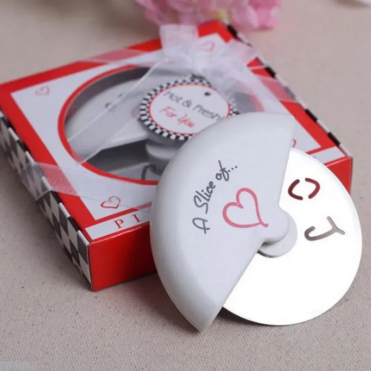 "A Slice of Love" rostfritt stål Kärlek Pizza Cutter 9.5*8,8 cm Bröllopsfavorer och festgåvor Pizza Cutter Presentförpackning