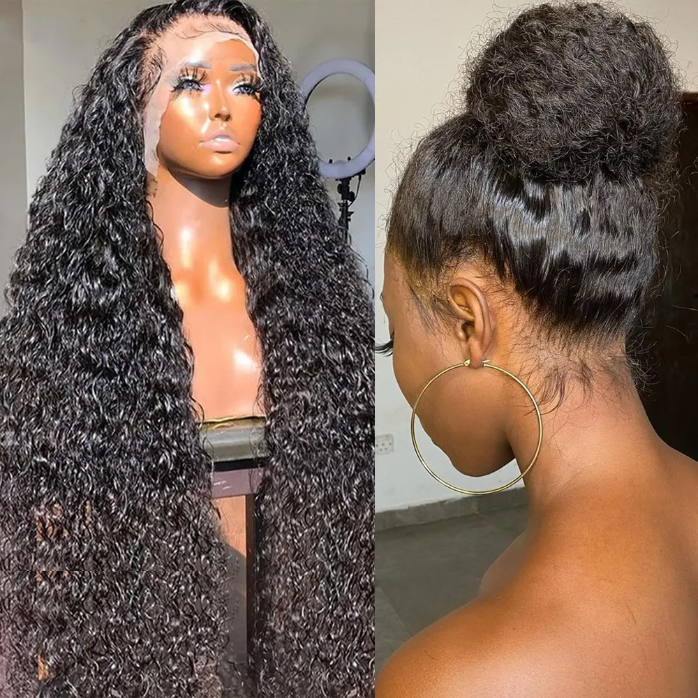 Curly Human Hair Wigs for Women 180 Density 36 Inch Glueless Full Lace Front Wig Black Color 13x4 HD Lace Frontal Transparent Pre Plucked Water Wave