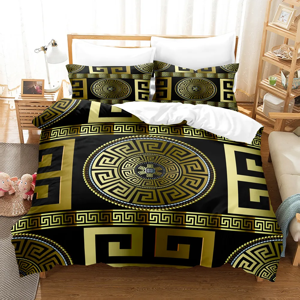 Sängkläder uppsättningar 3D Luxury Black Gold Bedding Set Greek Key slingrande täcke täcker Sängkläder drottning King Size Modern Geometric Bedstred 230605