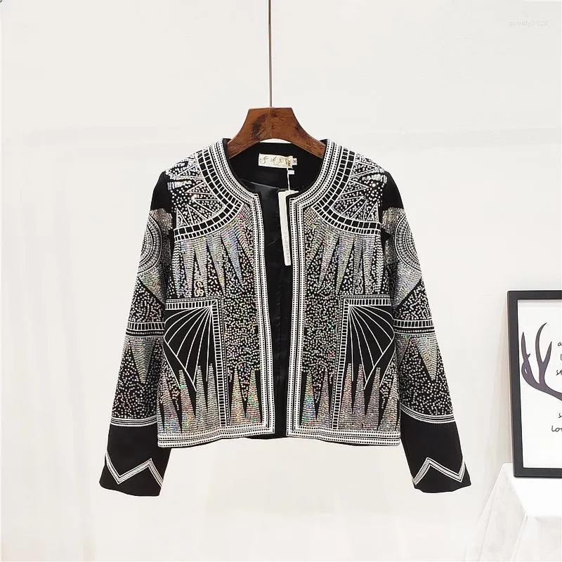 Damenjacken 2023 Frühling Herbst Frau Pailletten Jacke Rundhals Langarm Chic Mode Mantel Bling Stickerei Hochwertige Vintage Jacke