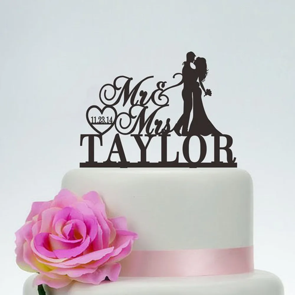 Другое мероприятие поставляет свадебный торт Topper Mr и Mrs Cake Topper с фамилией и датой персонализированной торт Топпер декоративные свадебные принадлежности 230605