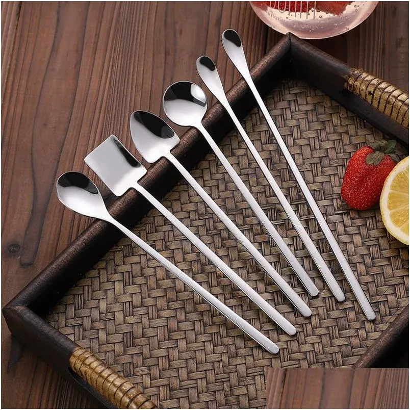 Spoons Round Square Head Shovel Long Handle Spoon Stainless Steel Home Kitchen Dining Flatware Noodles Ice Cream Dessert Cutlery Too Dhusw