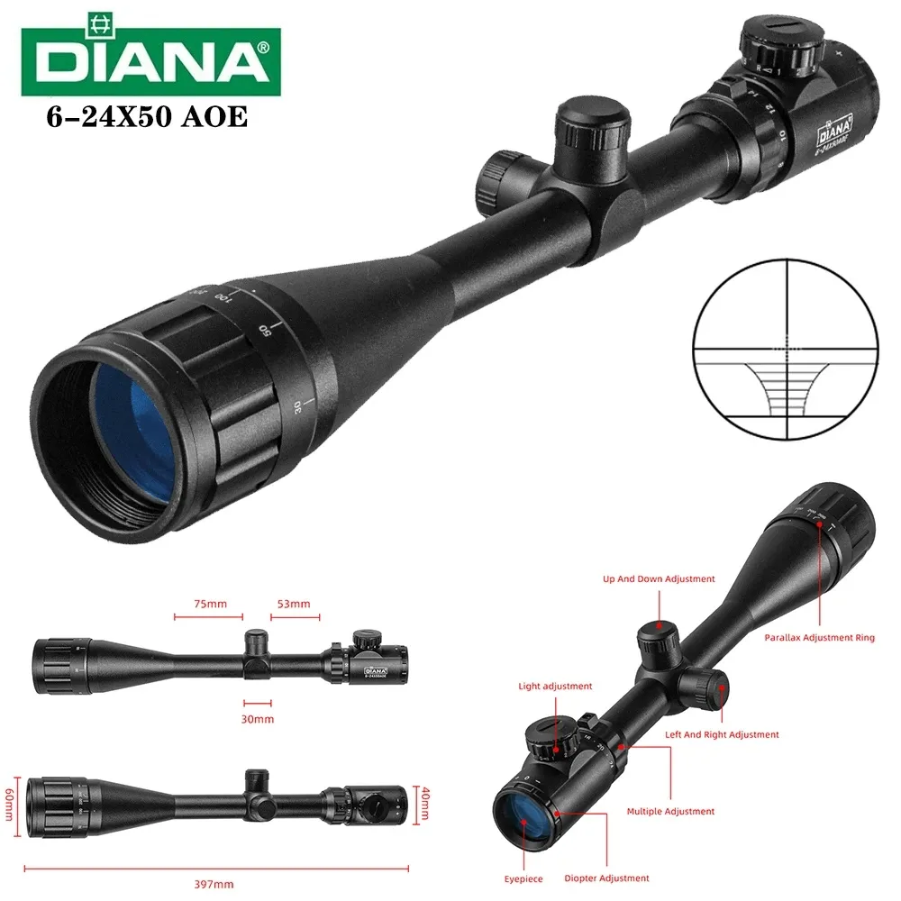 DIANA 6-24x50 AOE Taktik-Zielfernrohr, grüner roter Punkt, Licht, Scharfschützenausrüstung, Jagd, optisches Visier, Spektiv für die Gewehrjagd