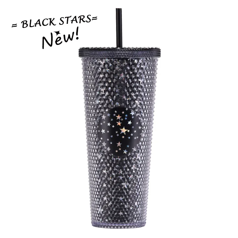 Star Tumblers Gobelets en plastique transparent double couche Scallion avec paille Grande capacité Creative 710 ml Ombre Glitter Acrylique Gobelets Gobelets à main par UPS B0059