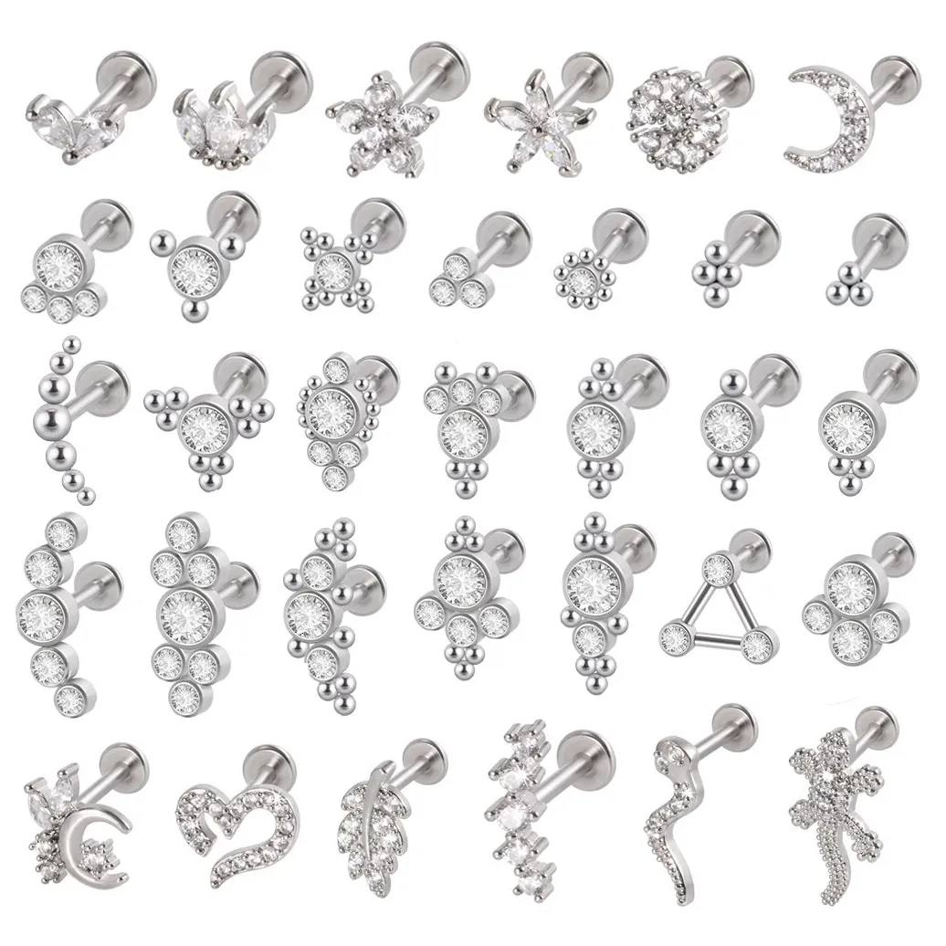 Nasenringe Ohrstecker 1 STÜCK G23 Stahl 16G CZ Edelstein Mond Labret Lippensteg Ring Kristall Blume Ohrknorpel Tragus Helix Piercing Schraubverschluss oben 16g 230605