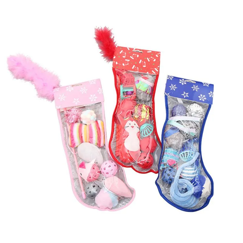 Cat Toy Christmas Stocking Shape Set Plush Gift for Pets with Knotted Rope Toy Cat Toy Interactive Stick Feather Wand Toys Gift