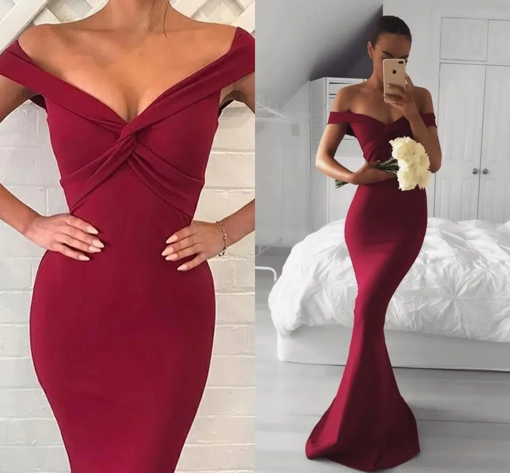 Burgundy Off Shoulder Long Mermaid Bridesmaid Dresses Women Formal Occasion Evening Party Gowns Maid Of Honor Plus Size Aso Ebi Trumpet Wedding Guest Dress CL2382