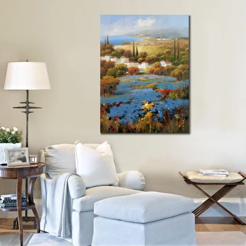 Handcrafted Canvas Art for Living Room Decor Villagio Blu Modern Painting Realistic Landscape Beautiful