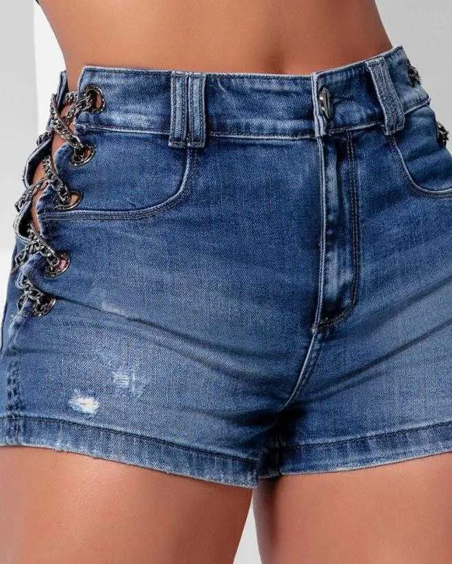 Nytt mode 2023 Summer Casual Bottom Sexig kabel Loop Eyed Chain Lace Open Denim Shorts Women's Elegant Tight Fit P230606