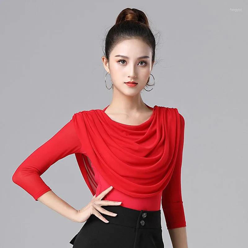 Sahne Giyim Modern Dans Uygulama Giysileri Kadın Latin Örgü Top Kırmızı Uzun Kollu Tişört Kare Egzersiz