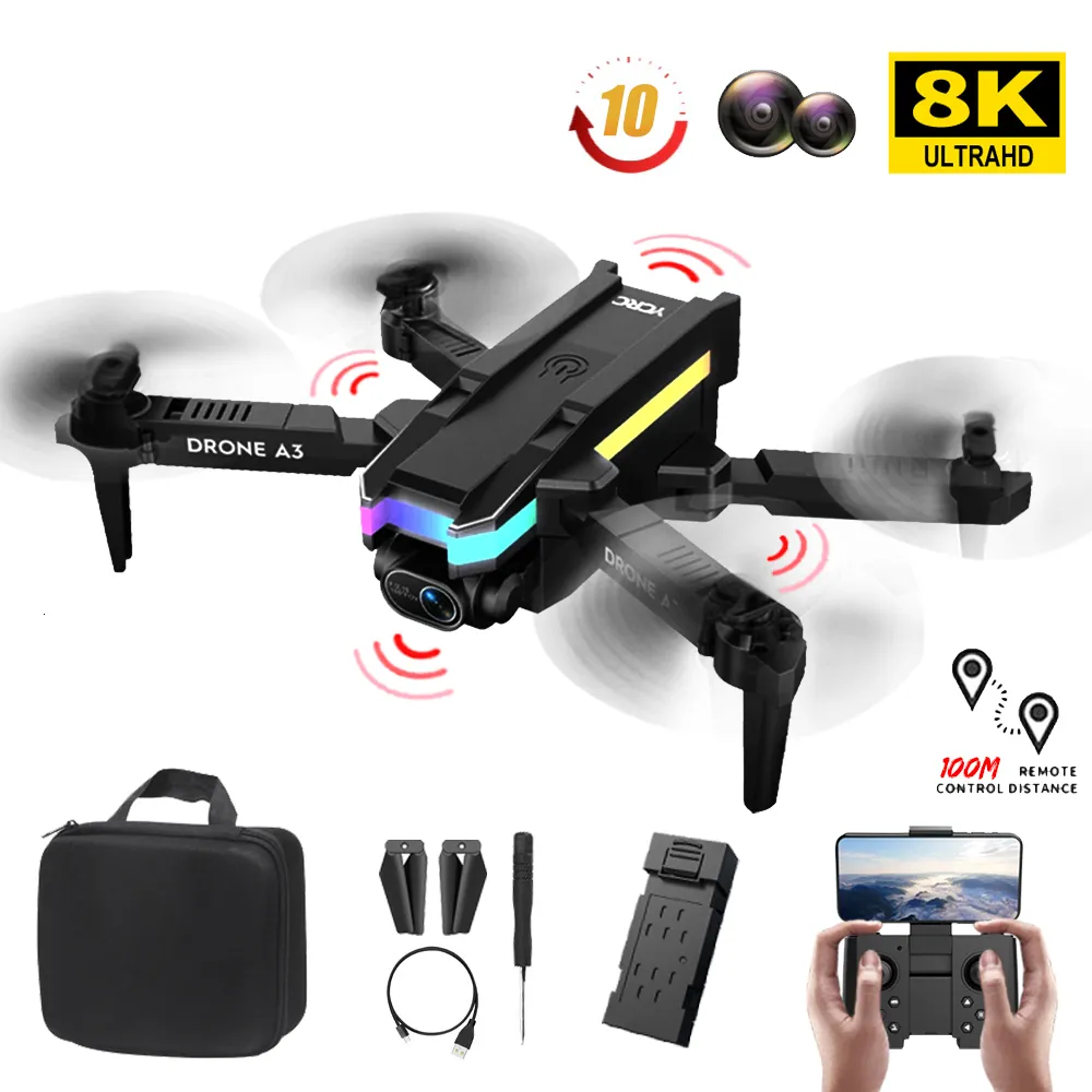 インテリジェントUAV A3 Profissional Mini Drone HD 4K Aerial Pography Quadcopter空気圧固定高さLEDライトWiFi FPV Toys for Boys230605