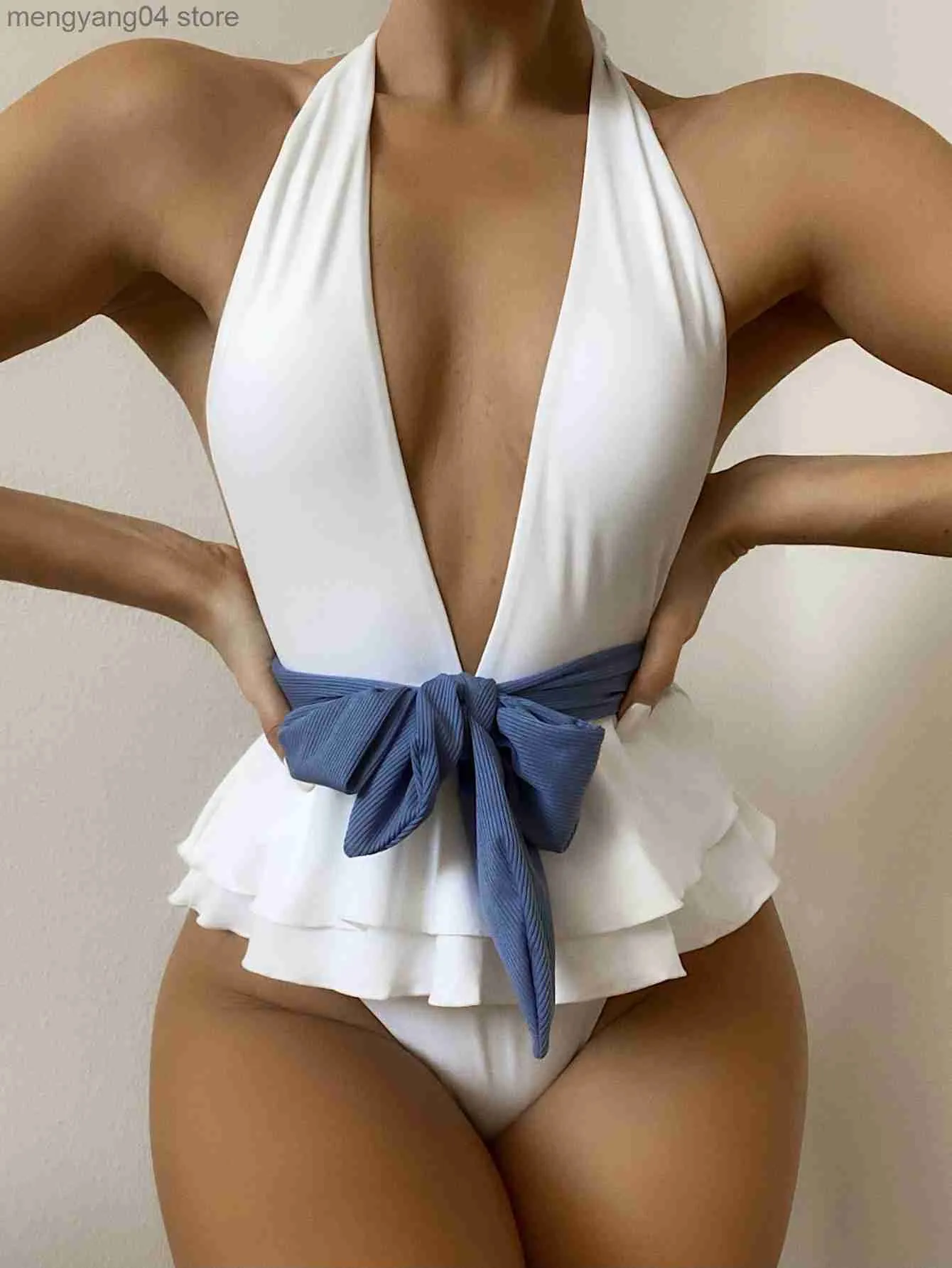 Kvinnors badkläder Deep Plunge V Neck Baddräkt Kvinnor Sexig ruffle kjol bälte högklippt thong en bit badkläder rygglös baddräkt 2022 Monokini T230606