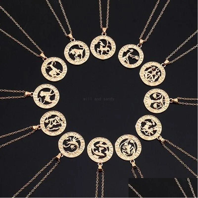 Collane con ciondolo 12 Segno zodiacale Collana Moneta Catena Gld Ariete Toro Pendenti Fascino Stella Girocollo Astrologia Gioielli moda donna Wil Dhf76