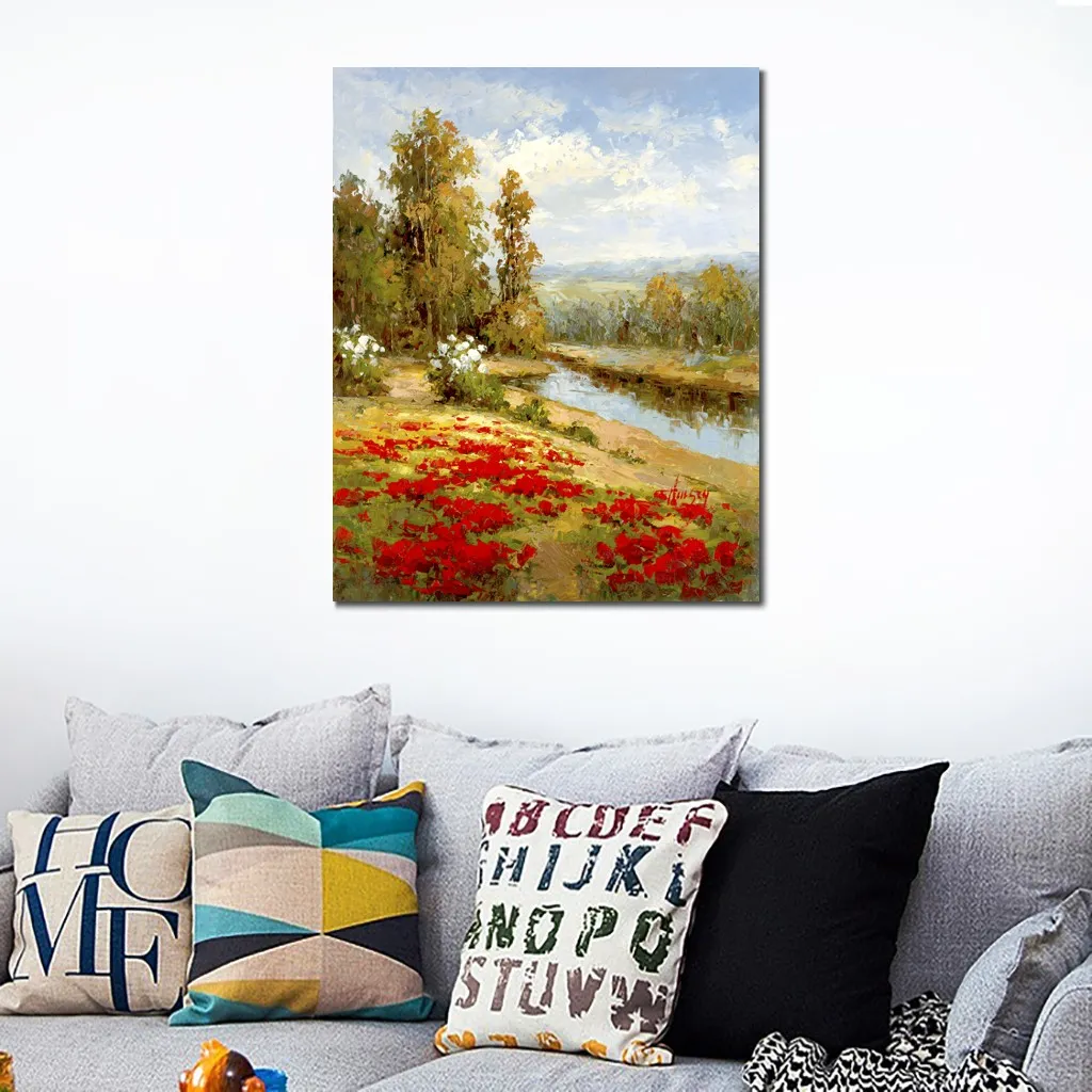 Contemporain Village Toile Mur Art Coquelicot Vista Peint À La Main Peinture À L'huile Impressionniste Paysage pour Cuisine Décor Texturé