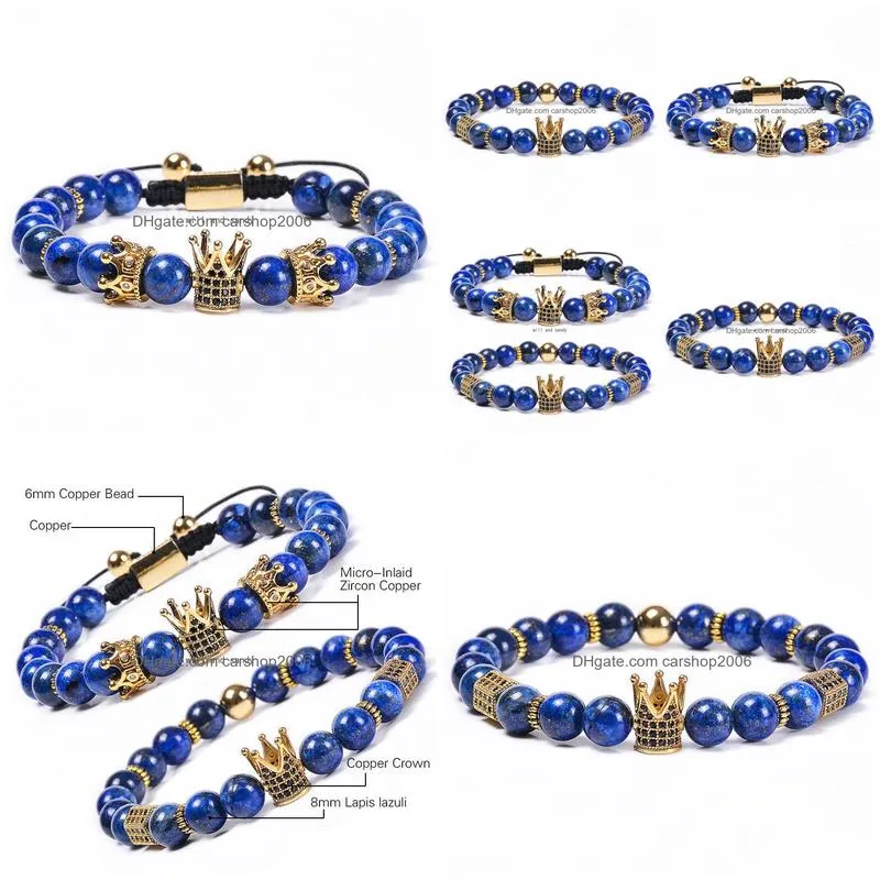 Kralen Natuursteen Lapis Lazi Kroon Armband Gevlochten Koper Microinlaid Zirkoon Diamant Armbanden Kraal Vrouwen Mannen Mode-sieraden Wi Dhxpx