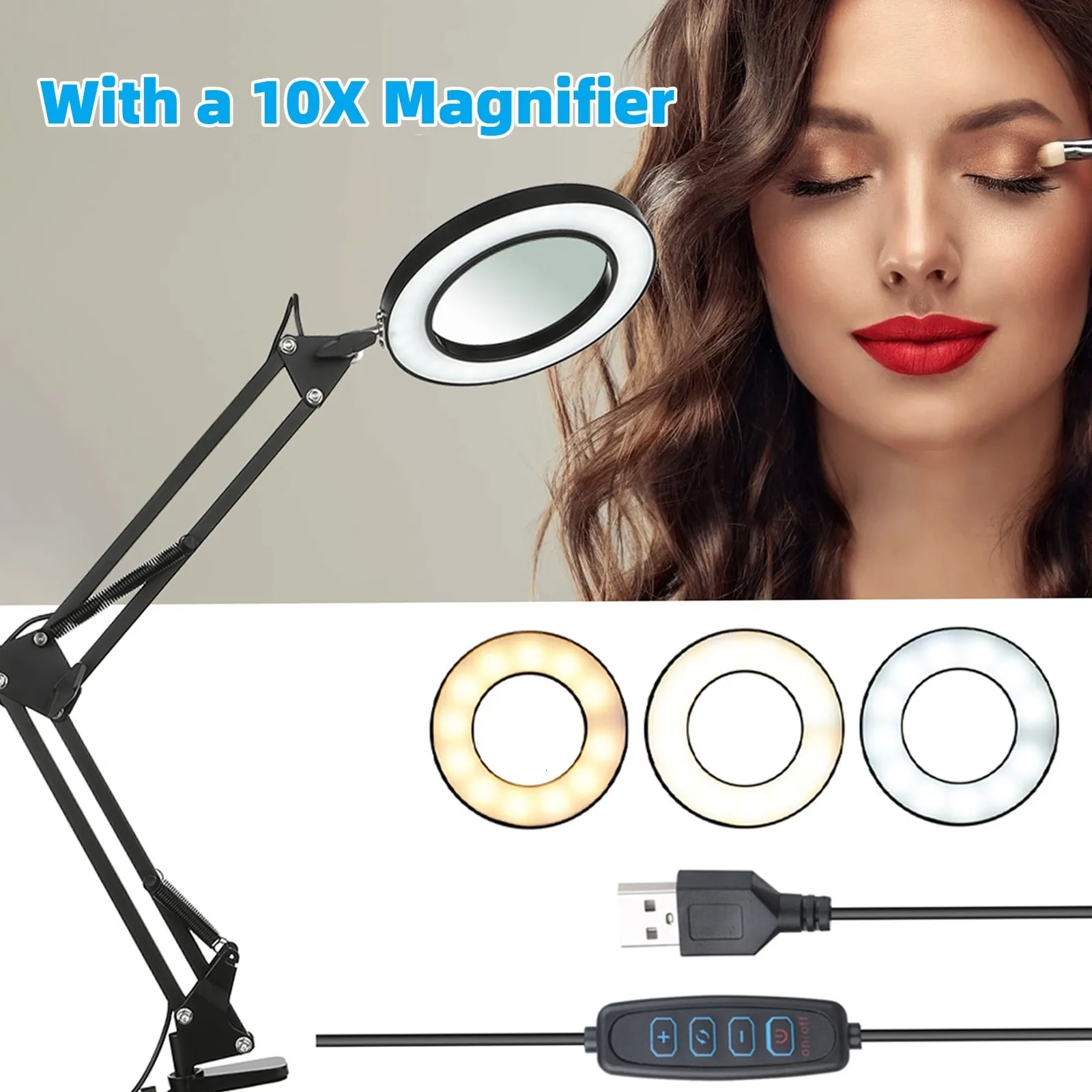 64 LEDS 10X Illuminated Magnifier USB 3 Colors LED Magnifying Glass for  Soldering Iron Repair/Table Lamp/Skincare Beauty Tool