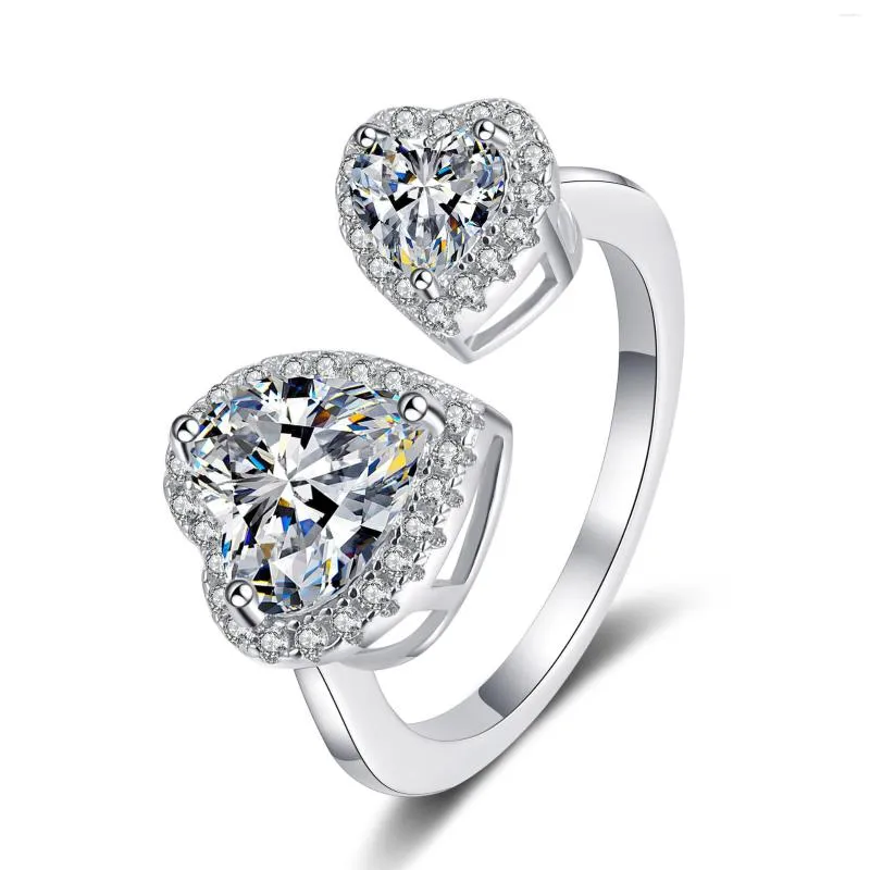 Cluster Ringen 925 Sterling Zilver Resizable Vrouw Ring Moissanite Diamant Hart Tot Bright Cut Bruid Voorstellen Party Glanzende Luxe sieraden