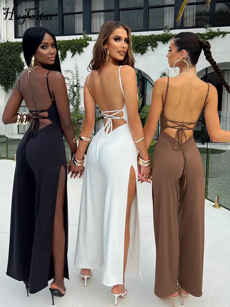 Monos para mujer Mamelucos Hugcitar Solid Slips Backless Vendaje Lace Up Sexy Bodycon Jumpsuit Summer Elegant Outfit Casual Party Romper Y2K Drop 230605