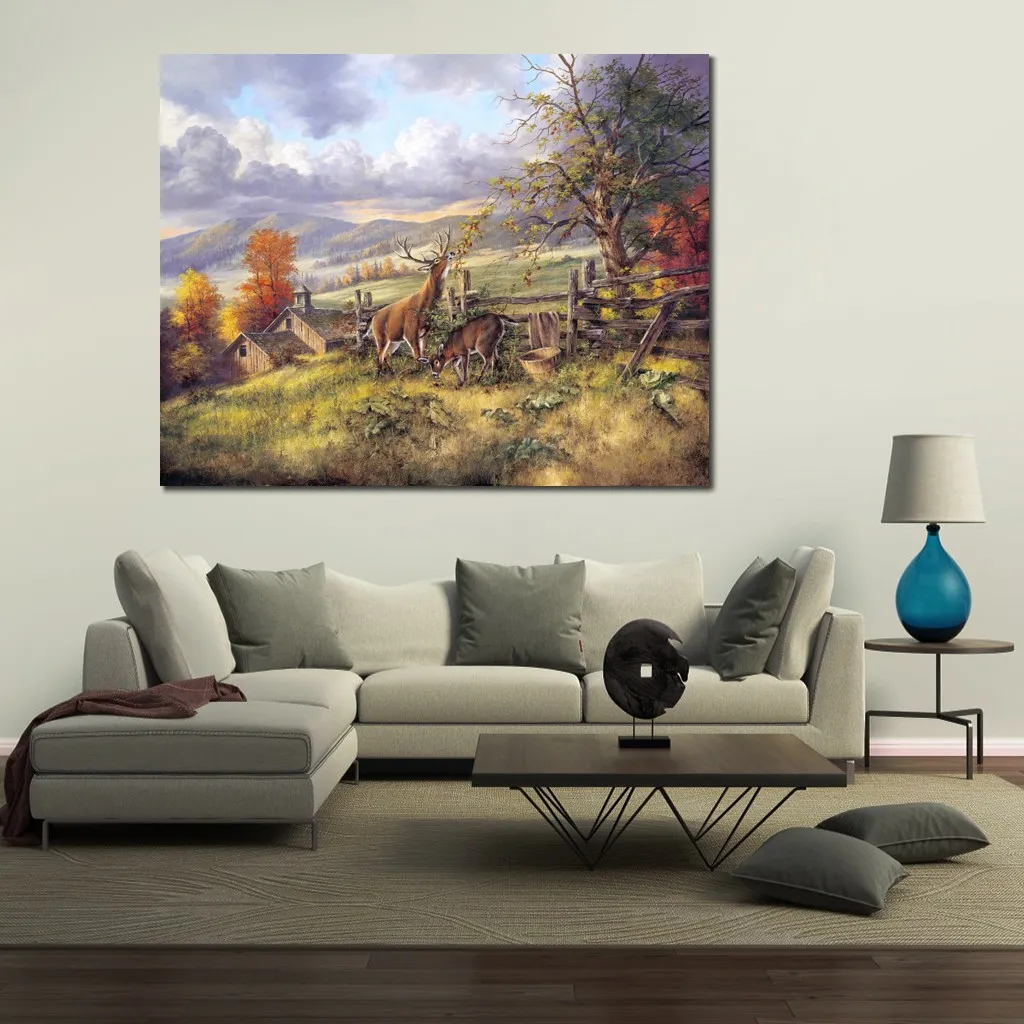 Contemporary Village Canvas Wall Art White Tailed Deer Hand Målad oljemålning Impressionistlandskap för köksdekor