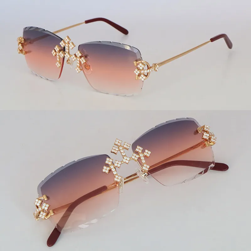 Luxury Moissanite Diamond Set Rimless Solglasögon för kvinnor Big Stones Diamond Mens Sun Glasses Limited Edition C Decoration Wire Frame Designer Solglasögon Män