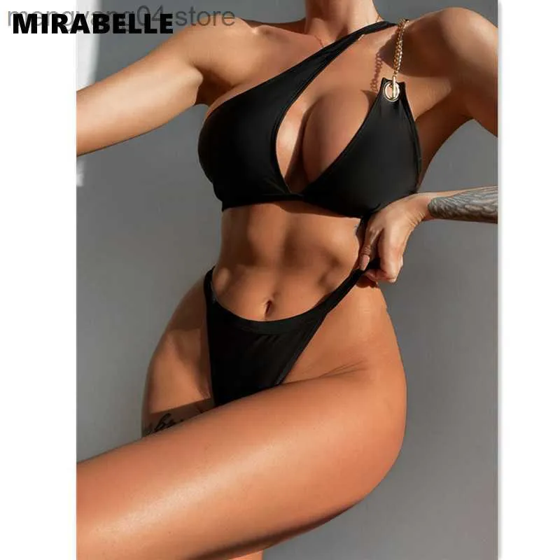 Kvinnors badkläder Mirabelle One Shoulder Bikinis Sexig Cut Out Swimsuit Black Badkläder 2022 Ny kedja Länkad Biquini Thong Bathing Suits Bikini Set T230606