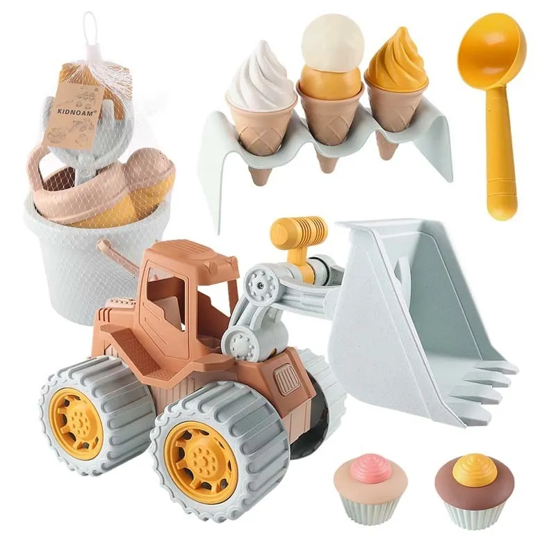 Sand Play Water Fun Crianças Beach Toys Simulation Ice Cream Cake Model Bulldozer Balde Trigo Palha Summer Seaside Game 230605