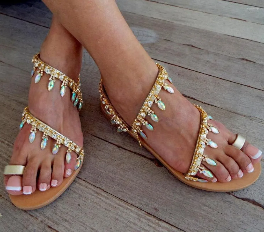 Sandales Femmes Mode Fétiche Talons Hauts Strass Boucle Sangle PU 1 CM Plat Avec Classiques Filles Chaussures D'été D'or