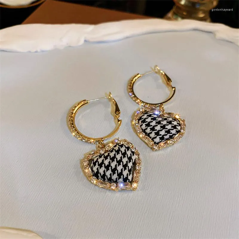 Dangle Earrings Korea Circle Love Fabric Houndstooth Small Fresh Inlaid Shiny Retro Trend Creative Design Women's