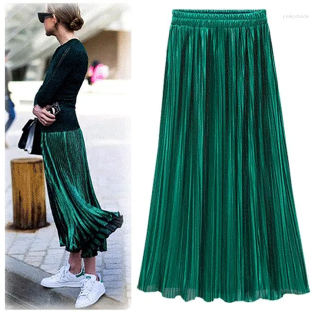 Skirts TingYiLi Shiny Metallic Pleated Womens Autumn Winter High Waist Long Skirt Green Pink Gold Silver Female