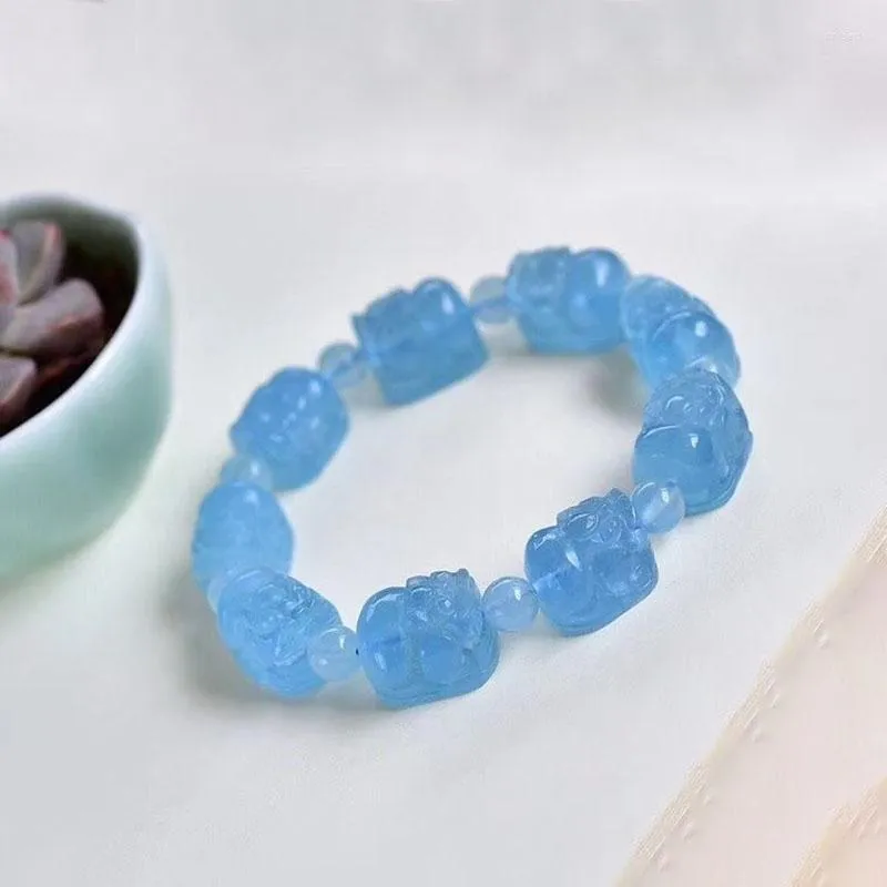 Strand Fine Light Sea Blue Natural Crystal Bracelets Carved Pixiu Beads Lucky For Women Men Help Work Fresh Jewelry