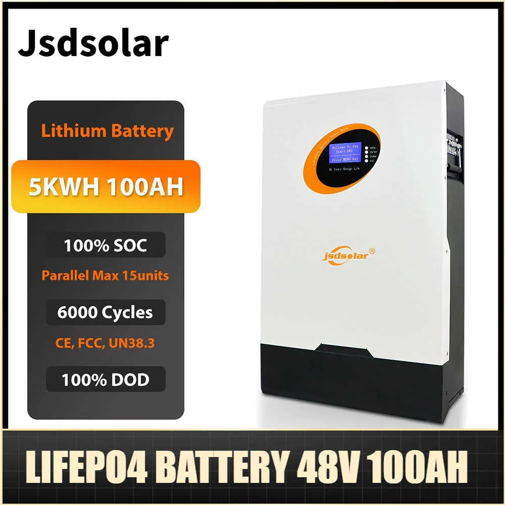 Jsdsolar Bateria LiFePO4 48V 100Ah montada na parede 51,2V 5,12Kwh 6000 ciclos CAN/RS232 Bateria de íons de lítio para armazenamento de energia doméstica